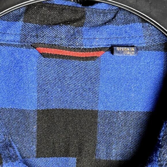 Design in Italy Men's Medium Blue & Black Plaid‎ Flannel Button-Up Shirt Outdoor - Picture 2 of 9